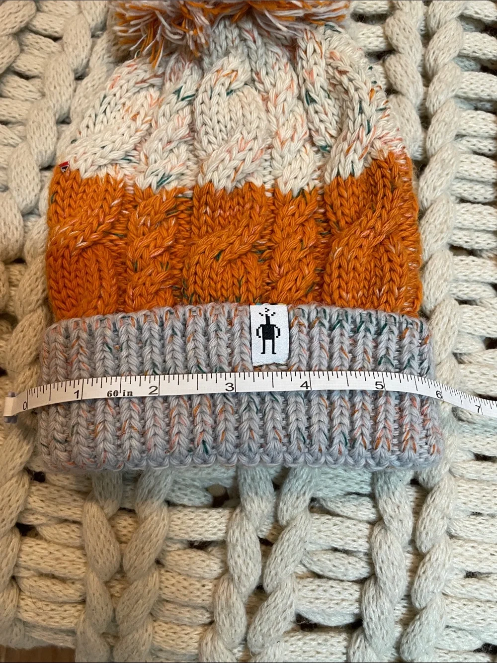 Smartwool Kids Isto Retro Cable Knit Pom Beanie in Orange and Cream and Gray